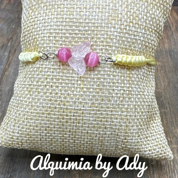 Cat’s eye and carve pink quartz butterfly beaded adjustable friendship bracelet - Picture 1 of 4